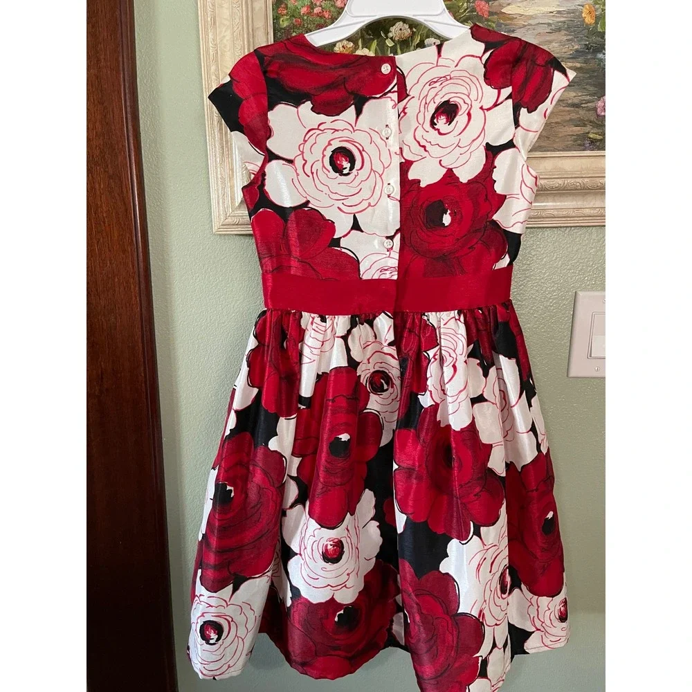 Gymboree Red White Floral Roses Holidays Party Formal Dress Waist Bow Size 8